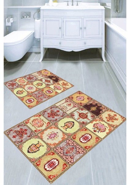 Osmanlı Çiçek Motifli Kaymaz Taban Yıkanabilir 2'li Desenli Banyo Paspası (50X60 cm - 60X100 Cm)