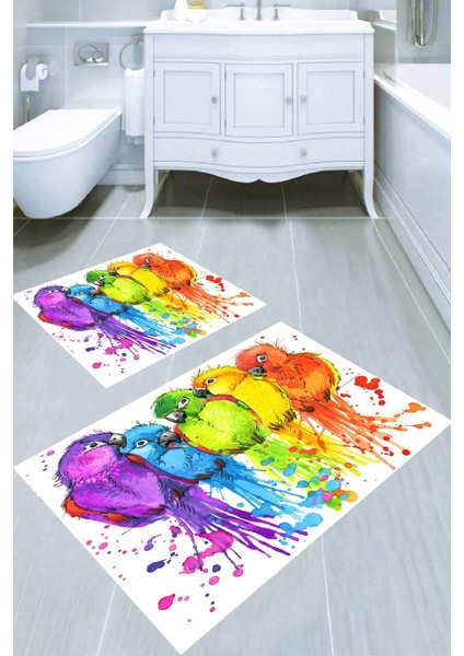 Sulu Boya Efektli Papağan Desenli Kaymaz Taban Yıkanabilir 2'li Desenli Banyo Paspası (50X60 cm - 60X100 Cm)