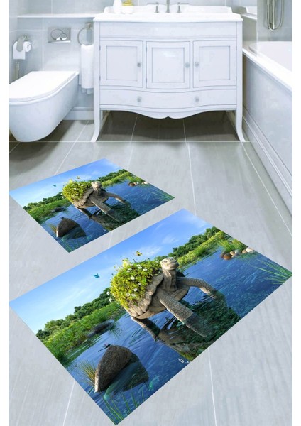 Suda Yürüyen Kaplumbağa Desenli Kaymaz Taban Yıkanabilir 2'li Desenli Banyo Paspası (50X60 cm - 60X100 Cm)