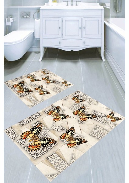Geometrik Leopar ve Kelebek Desenli Kaymaz Taban Yıkanabilir 2'li Desenli Banyo Paspası (50X60 cm - 60X100 Cm)