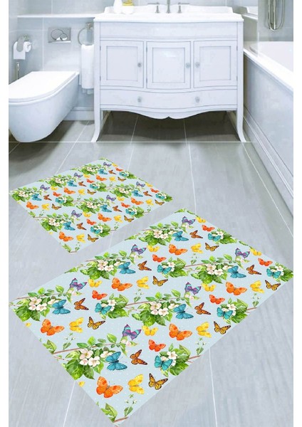 Kelebeklerin Dansı Desenli Kaymaz Taban Yıkanabilir 2'li Desenli Banyo Paspası (50X60 cm - 60X100 Cm)