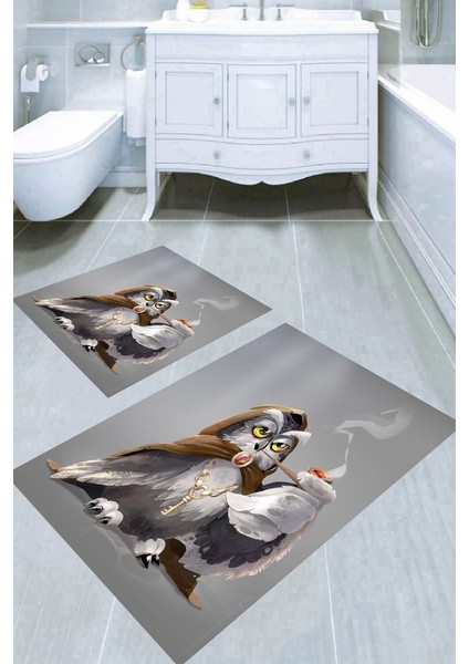 Gri Zemin Gizemli Baykuş Kaymaz Taban Yıkanabilir 2'li Desenli Banyo Paspası (50X60 cm - 60X100 Cm)