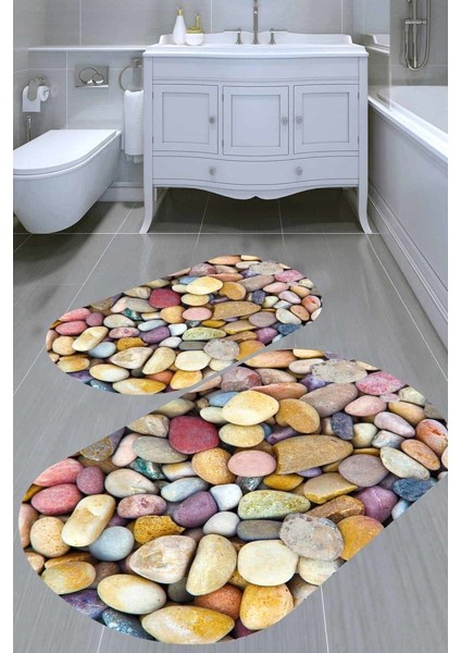 Renkli Çakıl Taşı Kaymaz Taban Yıkanabilir 2'li Desenli Banyo Paspası (50X60 cm - 60X100 Cm)