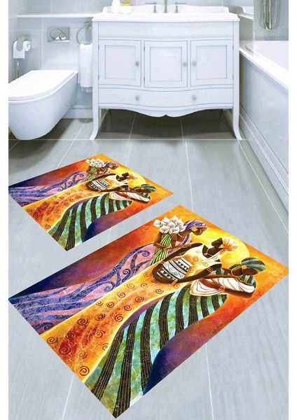 Afrika Yerlileri Desenli Kaymaz Taban Yıkanabilir 2'li Desenli Banyo Paspası (50X60 cm - 60X100 Cm)