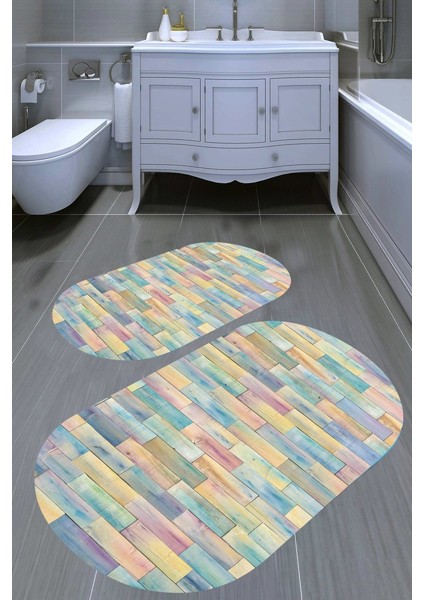Renkli Palet Desenli Kaymaz Taban Yıkanabilir 2'li Desenli Banyo Paspası (50X60 cm - 60X100 Cm)