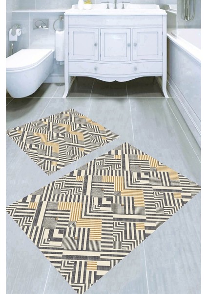 Modern Gri Çizgiler Tasarımlı Kaymaz Taban Yıkanabilir 2'li Desenli Banyo Paspası (50X60 cm - 60X100 Cm)