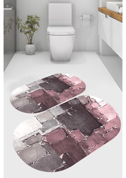 Sanatsal Boyalı Kaymaz Taban Yıkanabilir 2'li Desenli Banyo Paspası (50X60 cm - 60X100 Cm)