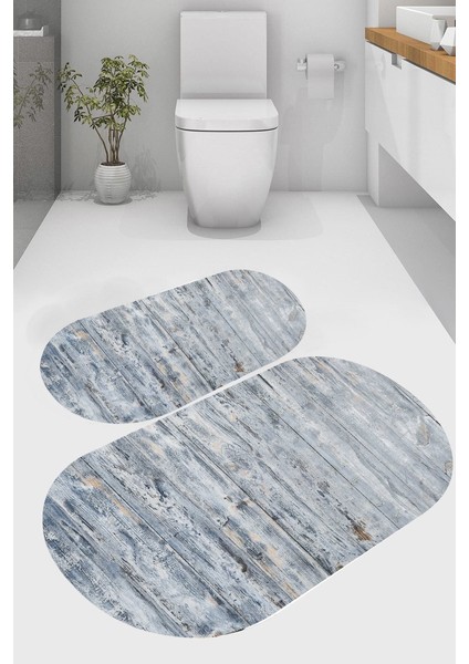 Ahşap Eskitme Desenli Kaymaz Taban Yıkanabilir 2'li Desenli Banyo Paspası (50X60 cm - 60X100 Cm)
