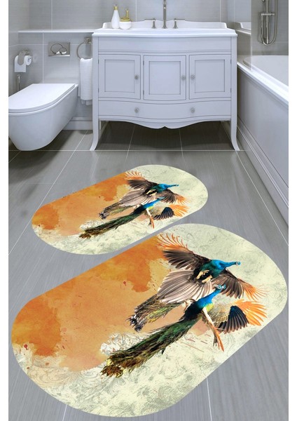 Sulu Boya Efektli Desenli Kaymaz Taban Yıkanabilir 2'li Desenli Banyo Paspası (50X60 cm - 60X100 Cm)