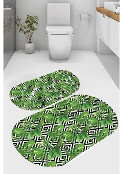 Palmiye Yaprak Desenli Kaymaz Taban Yıkanabilir 2'li Desenli Banyo Paspası (50X60 cm - 60X100 Cm)
