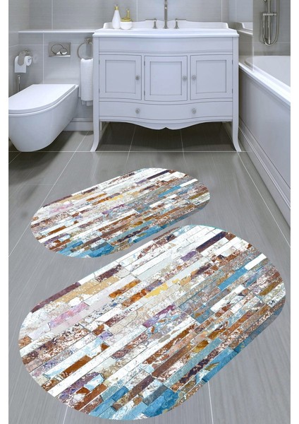 Duvar Kagıdı Desenli Kaymaz Taban Yıkanabilir 2'li Desenli Banyo Paspası (50X60 cm - 60X100 Cm)