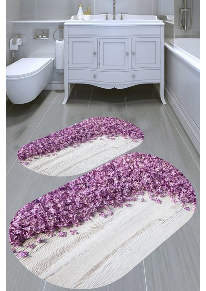 Zambak Desenli Kaymaz Taban Yıkanabilir 2'li Desenli Banyo Paspası (50X60 cm - 60X100 Cm)