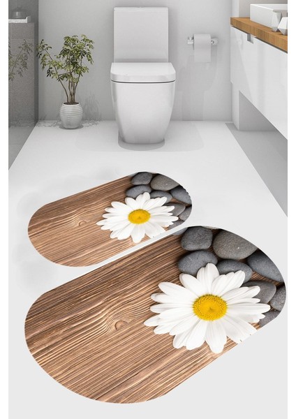 Tahta ve Papatya Desenli Kaymaz Taban Yıkanabilir 2'li Desenli Banyo Paspası (50X60 cm - 60X100 Cm)