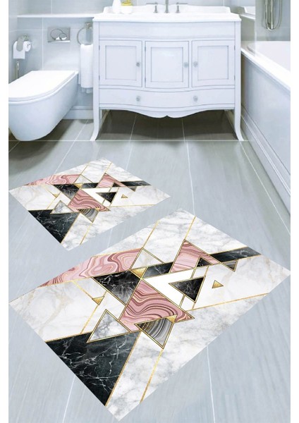Renkli Mermer Desenli Kaymaz Taban Yıkanabilir 2'li Desenli Banyo Paspası (50X60 cm - 60X100 Cm)