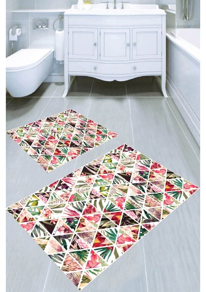 Üçgen Yaprak Motifleri Desenli Kaymaz Taban Yıkanabilir 2'li Desenli Banyo Paspası (50X60 cm - 60X100 Cm)