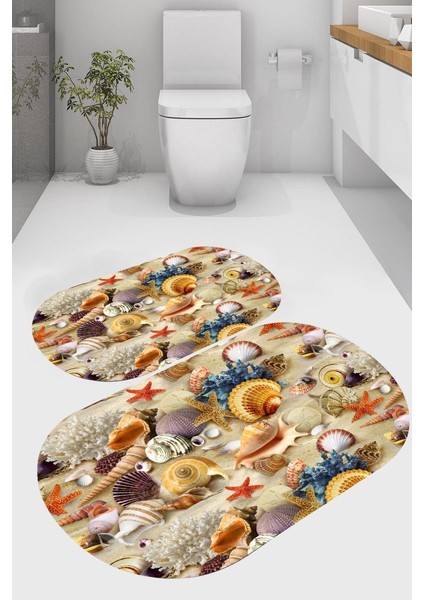 Renkli Deniz Kabukları Tasarımlı Kaymaz Taban Yıkanabilir 2'li Desenli Banyo Paspası (50X60 cm - 60X100 Cm)
