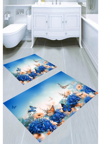 Mavi Kelebek Desenli Kaymaz Taban Yıkanabilir 2'li Desenli Banyo Paspası (50X60 cm - 60X100 Cm)