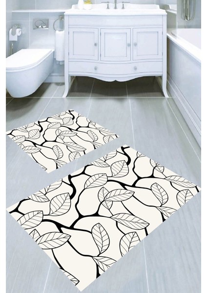 Siyah Beyaz Sonbahar Dalları Kaymaz Taban Yıkanabilir 2'li Desenli Banyo Paspası (50X60 cm - 60X100 Cm)