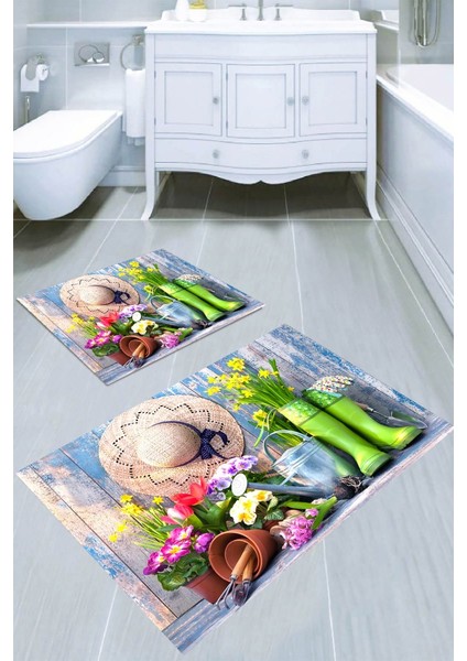 Bahçe Botanik Desenli Kaymaz Taban Yıkanabilir 2'li Desenli Banyo Paspası (50X60 cm - 60X100 Cm)