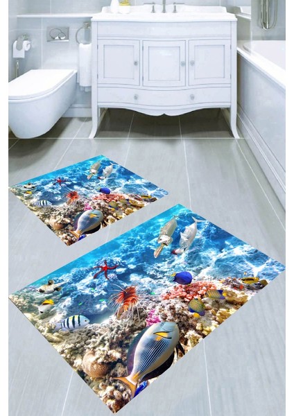 Su Altı Dünyası Desenli Kaymaz Taban Yıkanabilir 2'li Desenli Banyo Paspası (50X60 cm - 60X100 Cm)