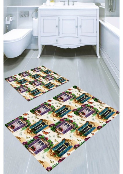 Sarmaşık Pencere Desenli Kaymaz Taban Yıkanabilir 2'li Desenli Banyo Paspası (50X60 cm - 60X100 Cm)
