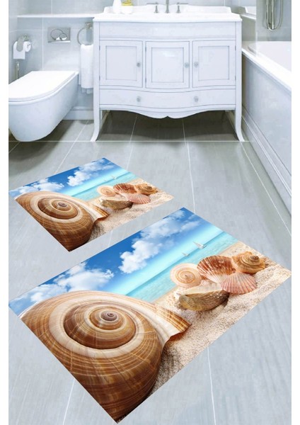 Kumsaldaki Kabuk Manzara Desenli Kaymaz Taban Yıkanabilir 2'li Desenli Banyo Paspası (50X60 cm - 60X100 Cm)