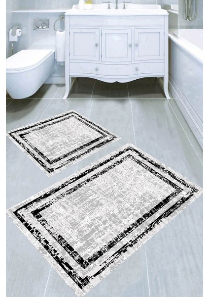 Gri Zemin Eskitme Çerçeve Desenli Kaymaz Taban Yıkanabilir 2'li Desenli Banyo Paspası (50X60 cm - 60X100 Cm)
