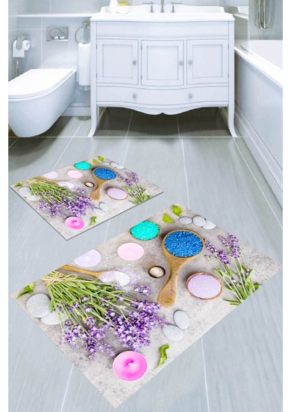 Lavanta ve Doğal Taş Desenli Kaymaz Taban Yıkanabilir 2'li Desenli Banyo Paspası (50X60 cm - 60X100 Cm)