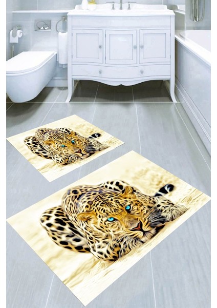 Leopar Çizimli Kaymaz Taban Yıkanabilir 2'li Desenli Banyo Paspası (50X60 cm - 60X100 Cm)