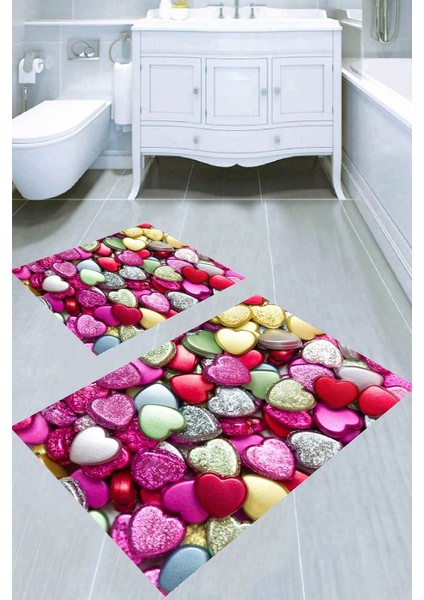 Simli Kalp Taş Desenli Kaymaz Taban Yıkanabilir 2'li Desenli Banyo Paspası (50X60 cm - 60X100 Cm)