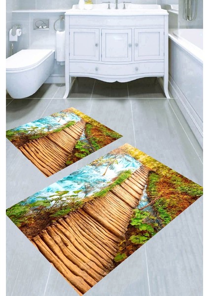 Üç Boyutlu Tahta Köprü Desenli Kaymaz Taban Yıkanabilir 2'li Desenli Banyo Paspası (50X60 cm - 60X100 Cm)