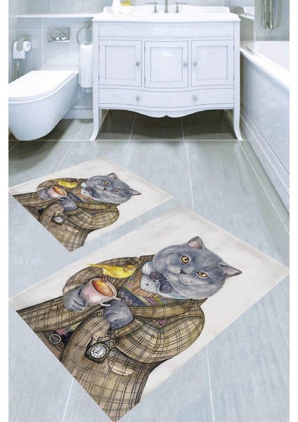 Patron Kedi Desenli Kaymaz Taban Yıkanabilir 2'li Desenli Banyo Paspası (50X60 cm - 60X100 Cm)
