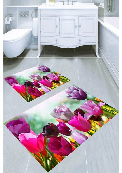 Pembe Laleler Desenli Kaymaz Taban Yıkanabilir 2'li Desenli Banyo Paspası (50X60 cm - 60X100 Cm)