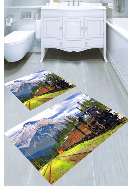 Tren Yolu Desenli Kaymaz Taban Yıkanabilir 2'li Desenli Banyo Paspası (50X60 cm - 60X100 Cm)