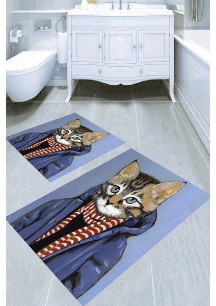 Hüzünlü Kedi Desenli Kaymaz Taban Yıkanabilir 2'li Desenli Banyo Paspası (50X60 cm - 60X100 Cm)