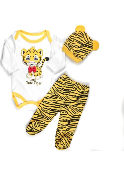 Papyonlu Kaplan Baskılı Çıtçıtlı Badili 3 Parça Penye Erkek Bebe Takım