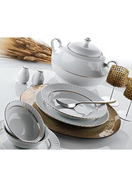 Sedef 22 cm. Çukur Yemek Tabağı Çukur Tabak 6 Adet Altın Fileli