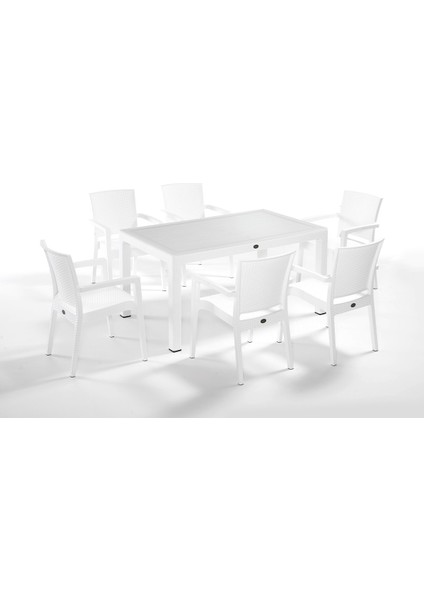 Beyaz Novussi Liverno Rattan Masa Koltuk Takımı 90X150 Camlı Masa