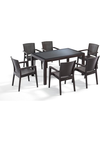 Kahverengi Novussi Liverno Rattan Masa Koltuk Takımı 90X150 Camlı Masa