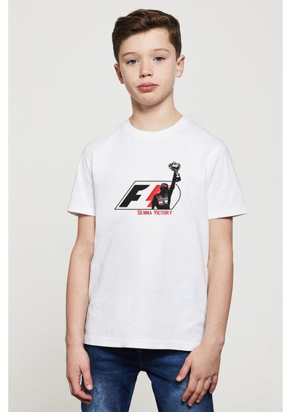 Senna Victory Baskılı Unisex Çocuk Beyaz T-Shirt