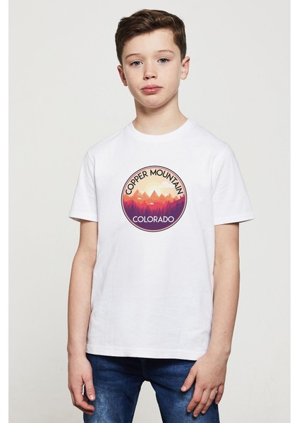 Silhouette Copper Mountain Colorado Baskılı Unisex Çocuk Beyaz T-Shirt