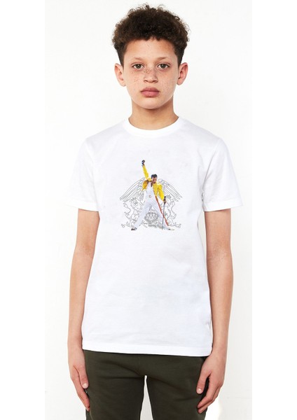 Queen Mercury Baskılı Unisex Çocuk Beyaz T-Shirt