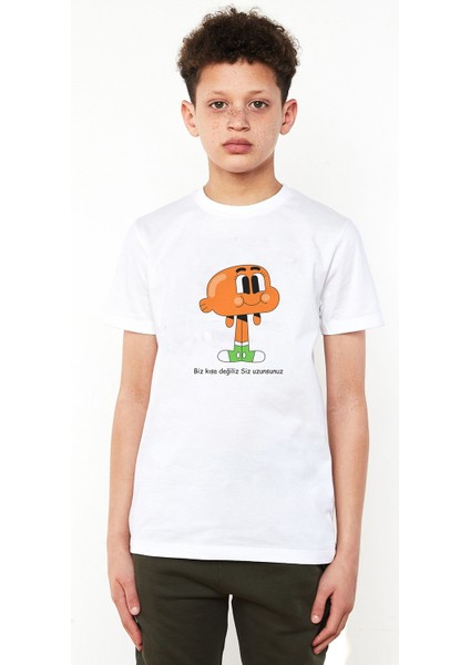 Gumball Biz Kısa Degiliz Siz Uzunsunuz Baskılı Unisex Çocuk Beyaz T-Shirt