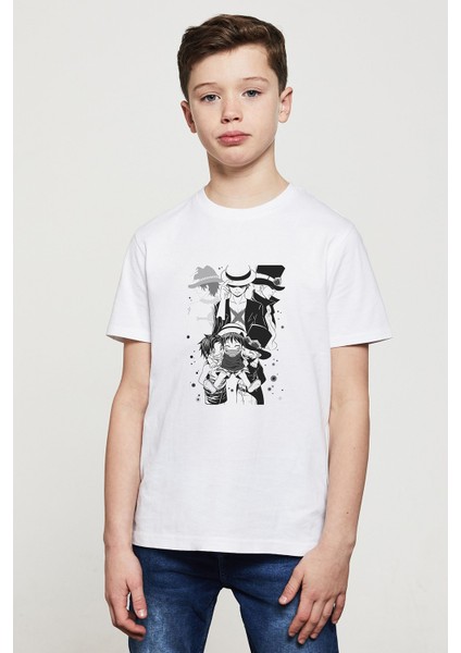 Anime One Piece Baskılı Unisex Çocuk Beyaz T-Shirt