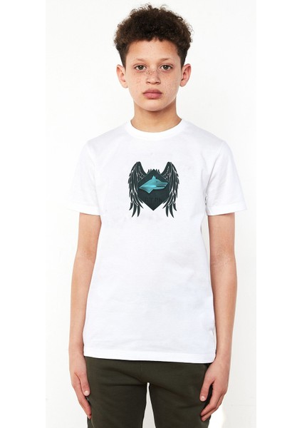 Selçuklu Mavi Kartalı Göktürk Baskılı Unisex Çocuk Beyaz T-Shirt