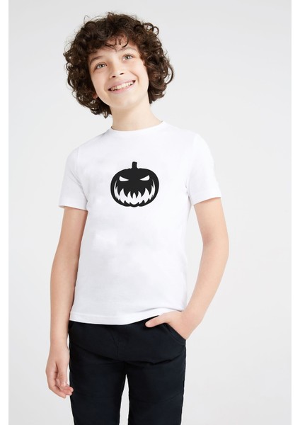 Silhouette Halloween Pumpkin Baskılı Unisex Çocuk Beyaz T-Shirt