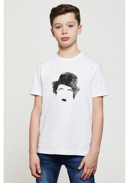 Charlie Chaplin Old Baskılı Unisex Çocuk Beyaz T-Shirt