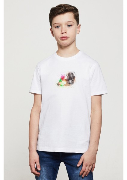 Çiçek Sanat Soyut Suluboya Baskılı Unisex Çocuk Beyaz T-Shirt