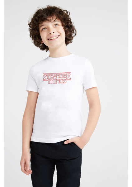 Stranger Things Kırmızı Logo Baskılı Unisex Çocuk Beyaz T-Shirt