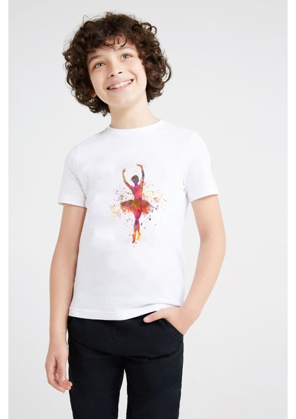 Watercolor Ballet Dancer Baskılı Unisex Çocuk Beyaz T-Shirt